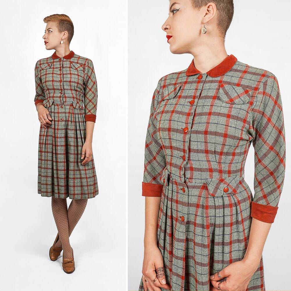 Vintage 1940s/50s Wool Plaid Button-up Shirt-Waist Dress w Corduroy Collar | S/M